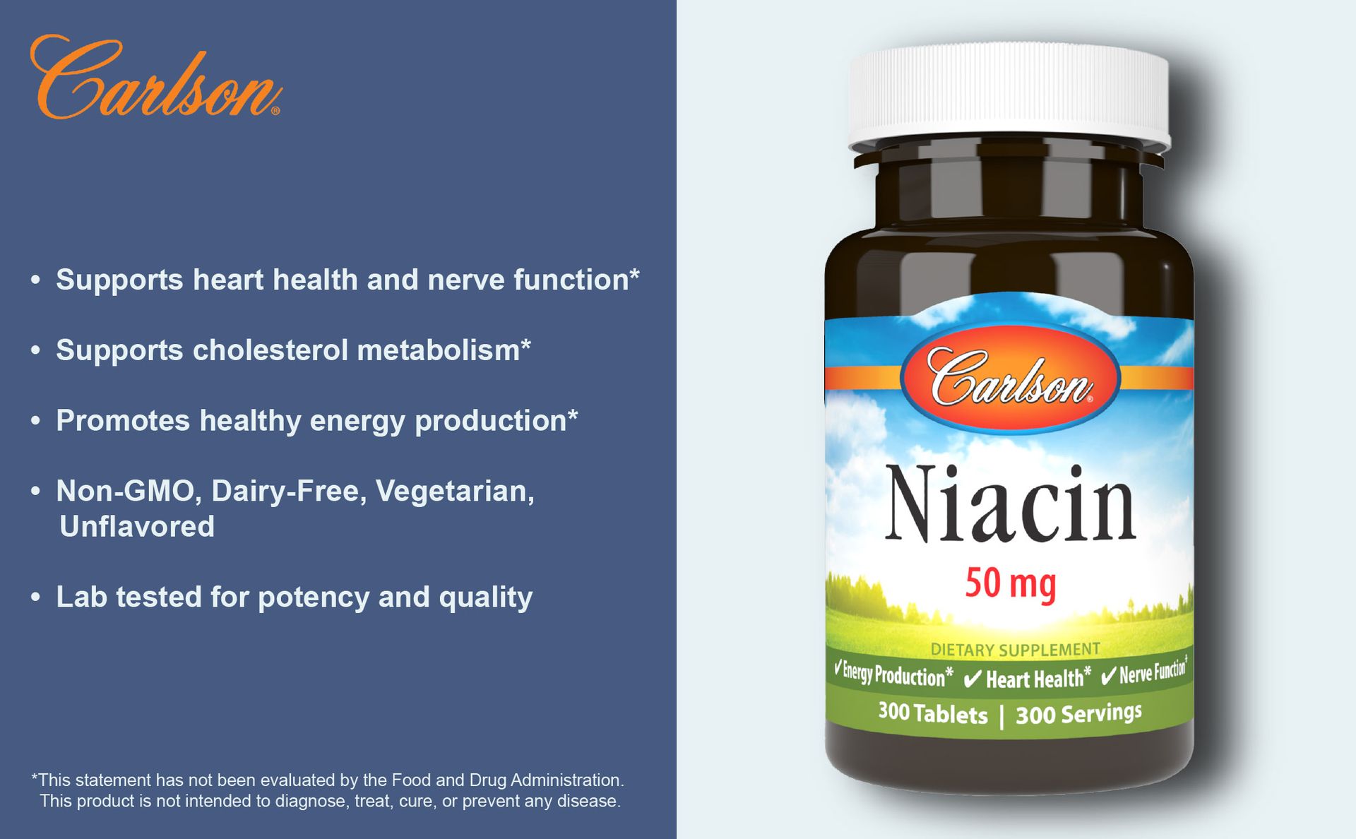Carlson Niacin, 50 mg, Cholesterol Metabolism, Nerve Function, 100 Tablets