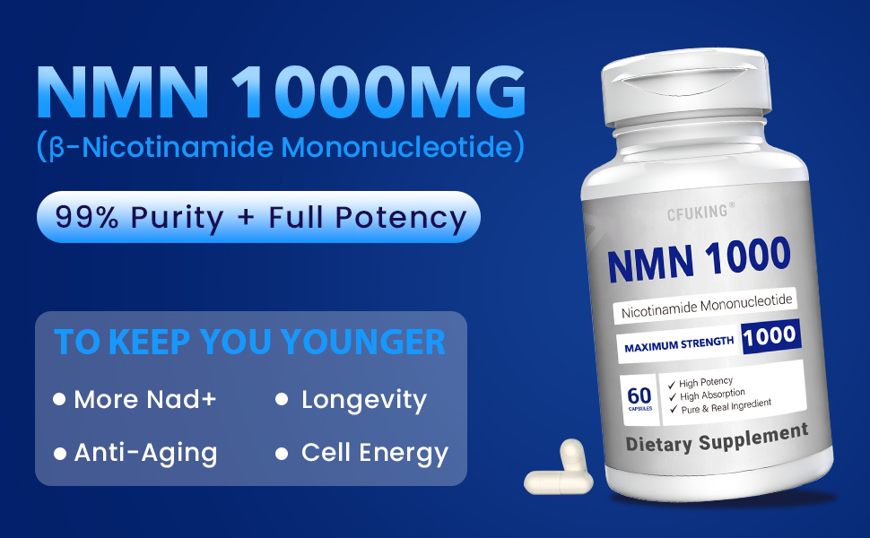 NMN 1000mg Per Serving Maximum Strength - 99% Pure NMN, Stabilized, 60 Caps