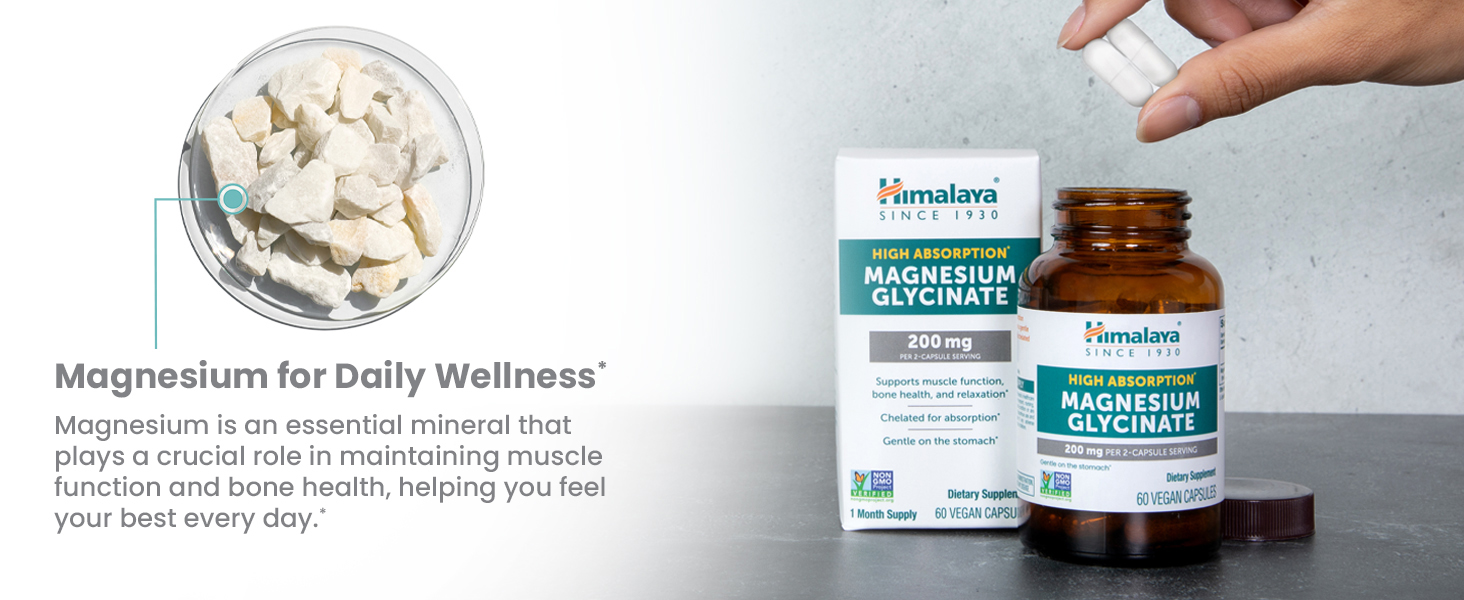 Himalaya Magnesium Glycinate, High Absorption, 200 mg, 60 Vegan Capsules,