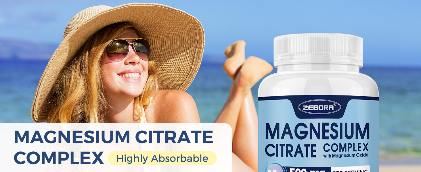 ZEBORA Magnesium Citrate 500mg Complex - 120 Vegan Capsules