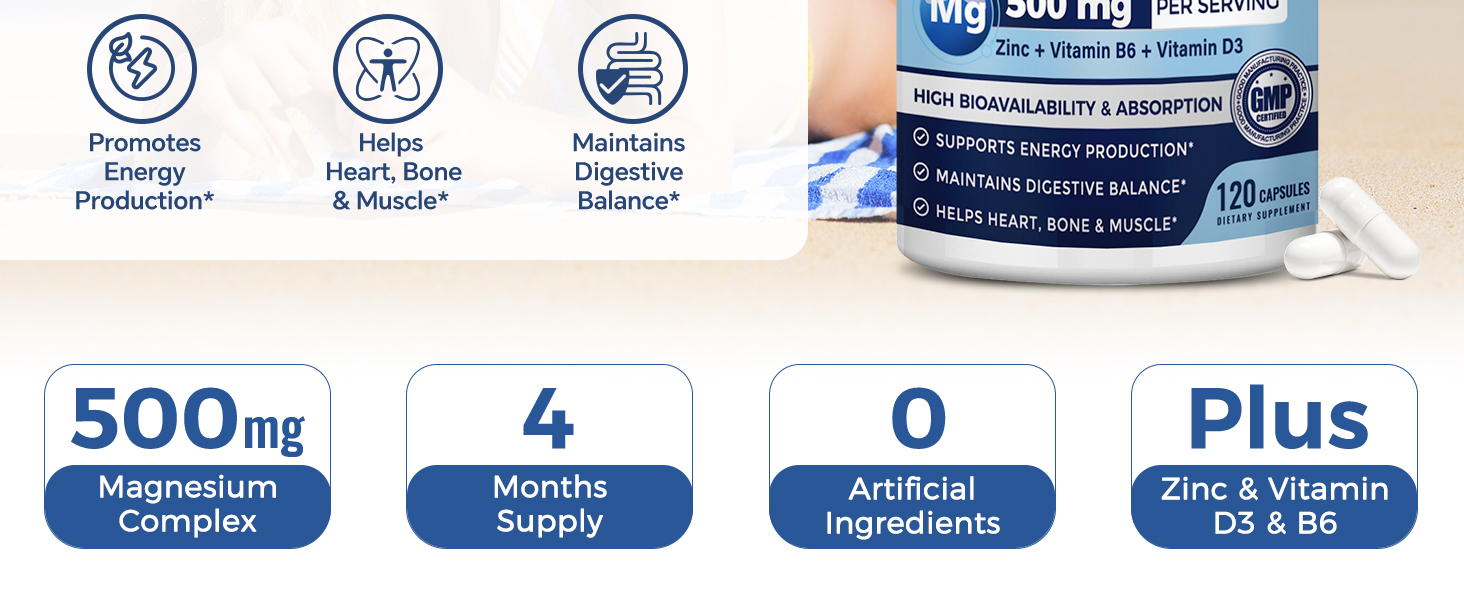 ZEBORA Magnesium Citrate 500mg Complex - 120 Vegan Capsules