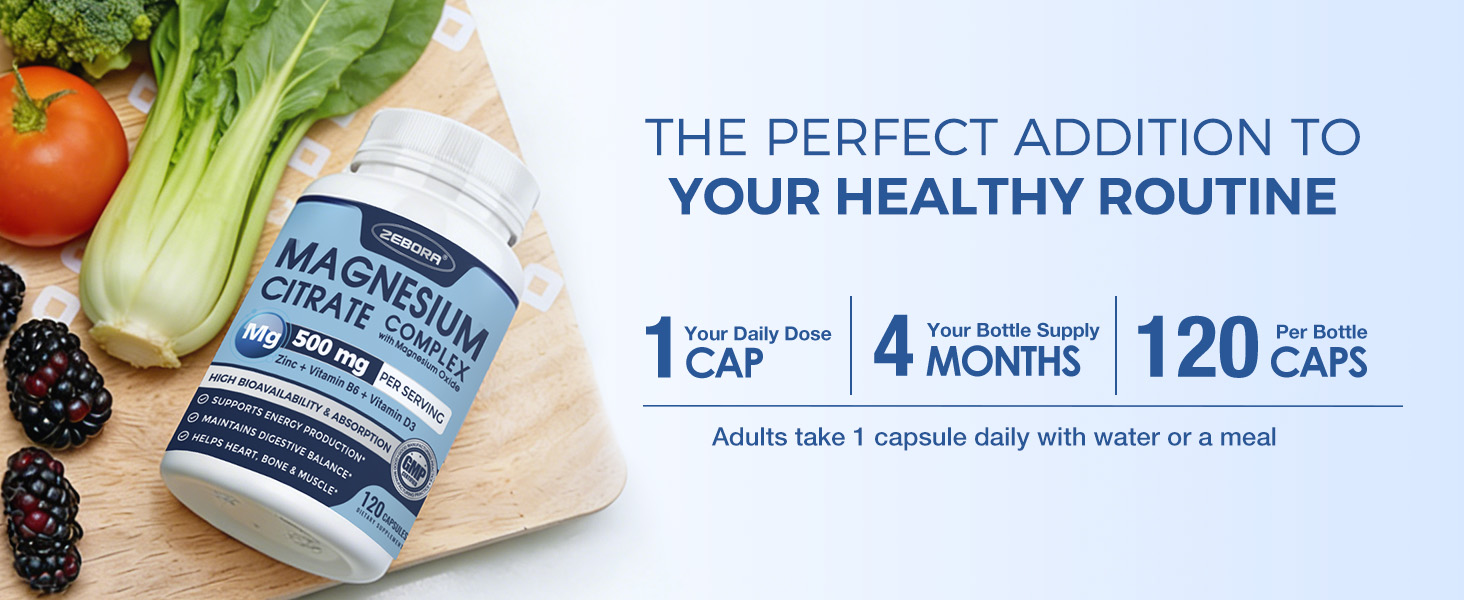 ZEBORA Magnesium Citrate 500mg Complex - 120 Vegan Capsules