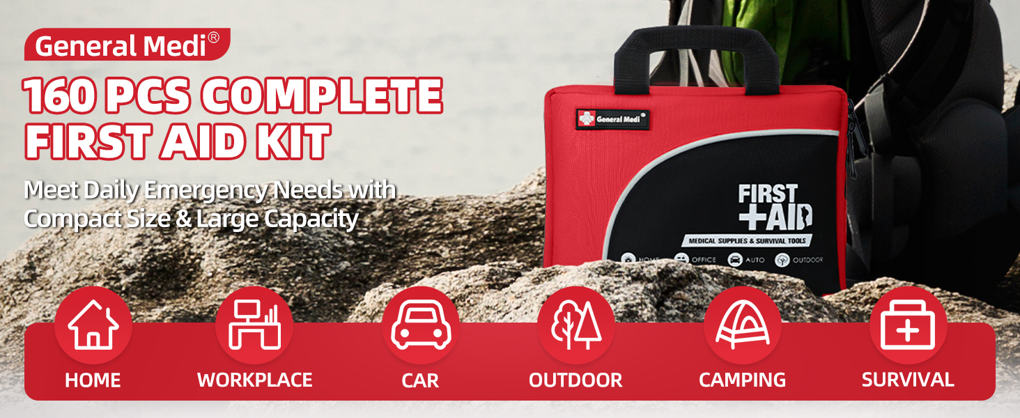 General Medi 160 Piece Premium First Aid Kit Bag - Includes Cold (Ice) Pack, Emergency Blanket for Travel, Home, Office, Car, Camping, Workplace (Red)