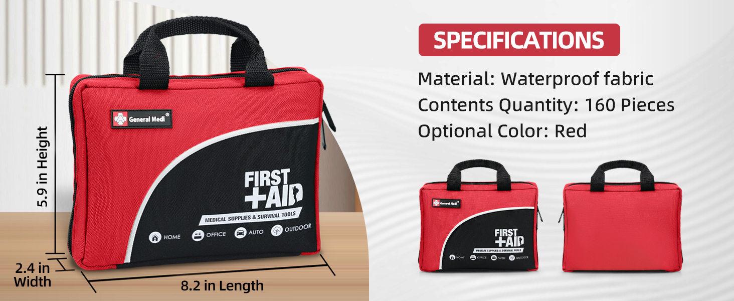 General Medi 160 Piece Premium First Aid Kit Bag - Includes Cold (Ice) Pack, Emergency Blanket for Travel, Home, Office, Car, Camping, Workplace (Red)