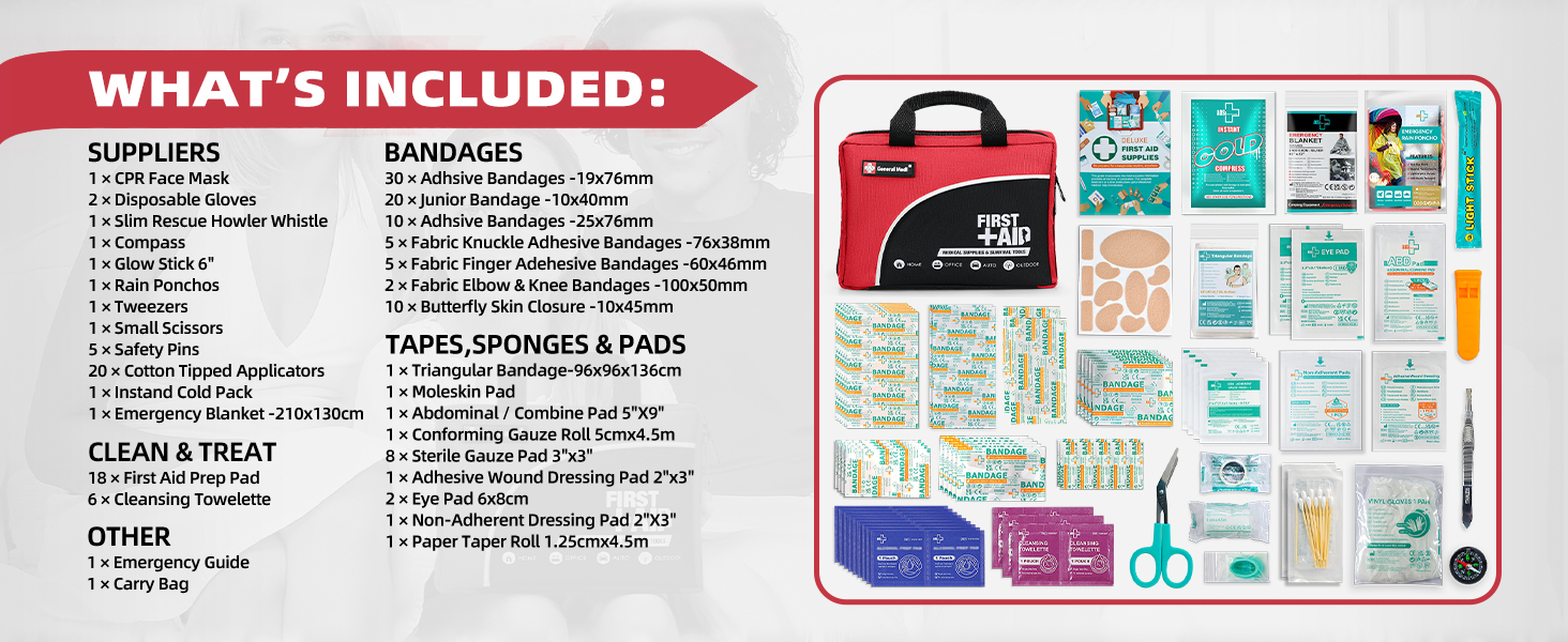 General Medi 160 Piece Premium First Aid Kit Bag - Includes Cold (Ice) Pack, Emergency Blanket for Travel, Home, Office, Car, Camping, Workplace (Red)