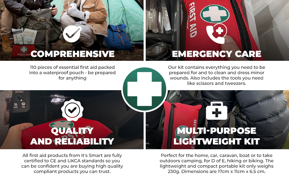 it's Smart Premium First Aid Kit 110 Pieces - for Travel Essentials, Hiking, Home, Camping and Car - Includes Emergency Blanket, Plasters, Bandages, Eyewash and Other First Aid Essentials - Red
