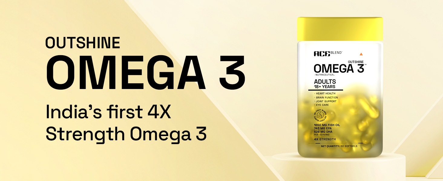 Ace Blend Outshine Omega 3 Fish Oil 4X Strength | 1650mg with 743 EPA & 528 DHA | 2 Softgels Daily for Men & Women | No Fishy Burps | Supports Heart, Brain, Joints & Eye Health | 60 Softgels