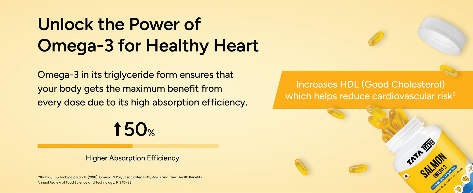Tata 1mg Salmon Omega 3 Fish Oil Supplements 1000mg - 90 Capsules | Triglyceride form | 180mg EPA & 120mg DHA | High Absorption for Heart,Brain & Joints | Helps Manage Cholesterol
