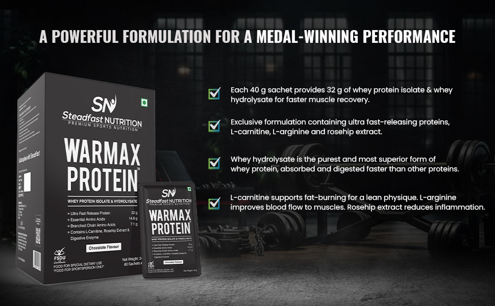 Steadfast Nutrition Warmax Whey Protein Isolate & Hydrolysate Powder 32G Ultra Fast Release Protein (Chocolate 6 Sachets, 240g)