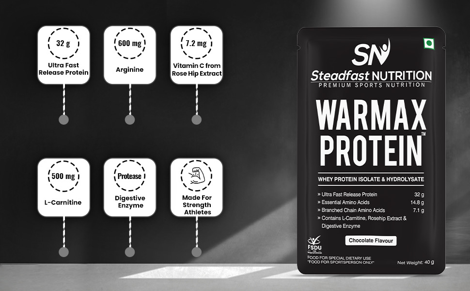 Steadfast Nutrition Warmax Whey Protein Isolate & Hydrolysate Powder 32G Ultra Fast Release Protein (Chocolate 6 Sachets, 240g)