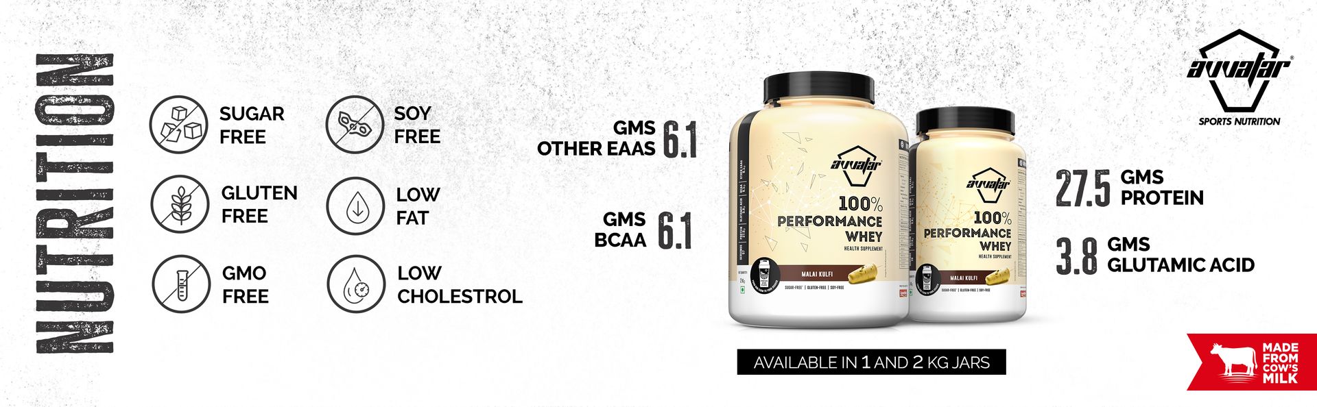avvatar PERFORMANCE WHEY PROTEIN | 2Kg | Malai Kulfi Flavour | 27.5g protein | 57 servings
