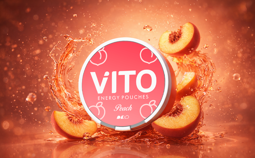VITO Caffeine Energy Pouches-Peach 80mg, 20 pouches, Sugar-Free, Zero-Cal