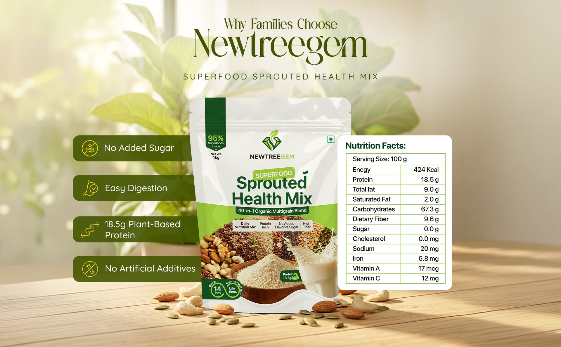 Superfood Health Mix | 40 Natural Ingredients | 18.5g Plant Protein | High Fiber | Low GI | No Added Sugar | Family Nutrition Drink Mix for Energy, Wellness & Daily Health (large)