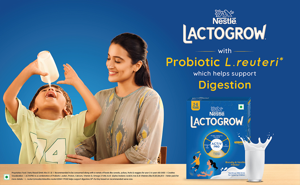 Nestle LACTOGROW Nutritious Milk Drink Powder | Biscuity Vanilla Flavour (2-6 Years),Pack of 3, 1200 G, Bag-In-Box Pack
