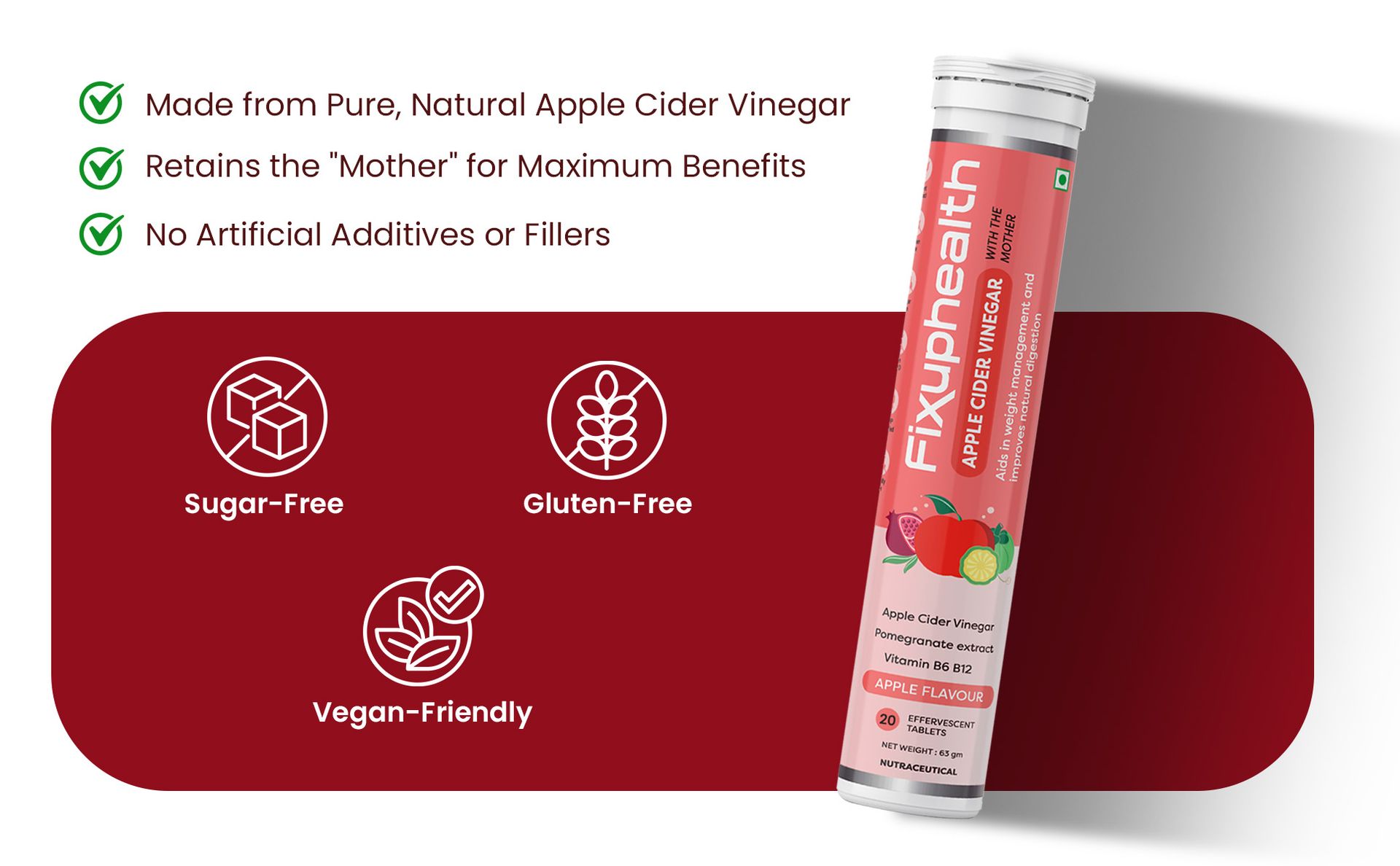 Fixuphealth Apple Cider Vinegar with the Mother 20 Tablets (Pack of 1) and Gluten-free ACV Tablet with Vitamin B6 and B12 and Pomegranate Extract, Weight Loss Supplement for Women and Men