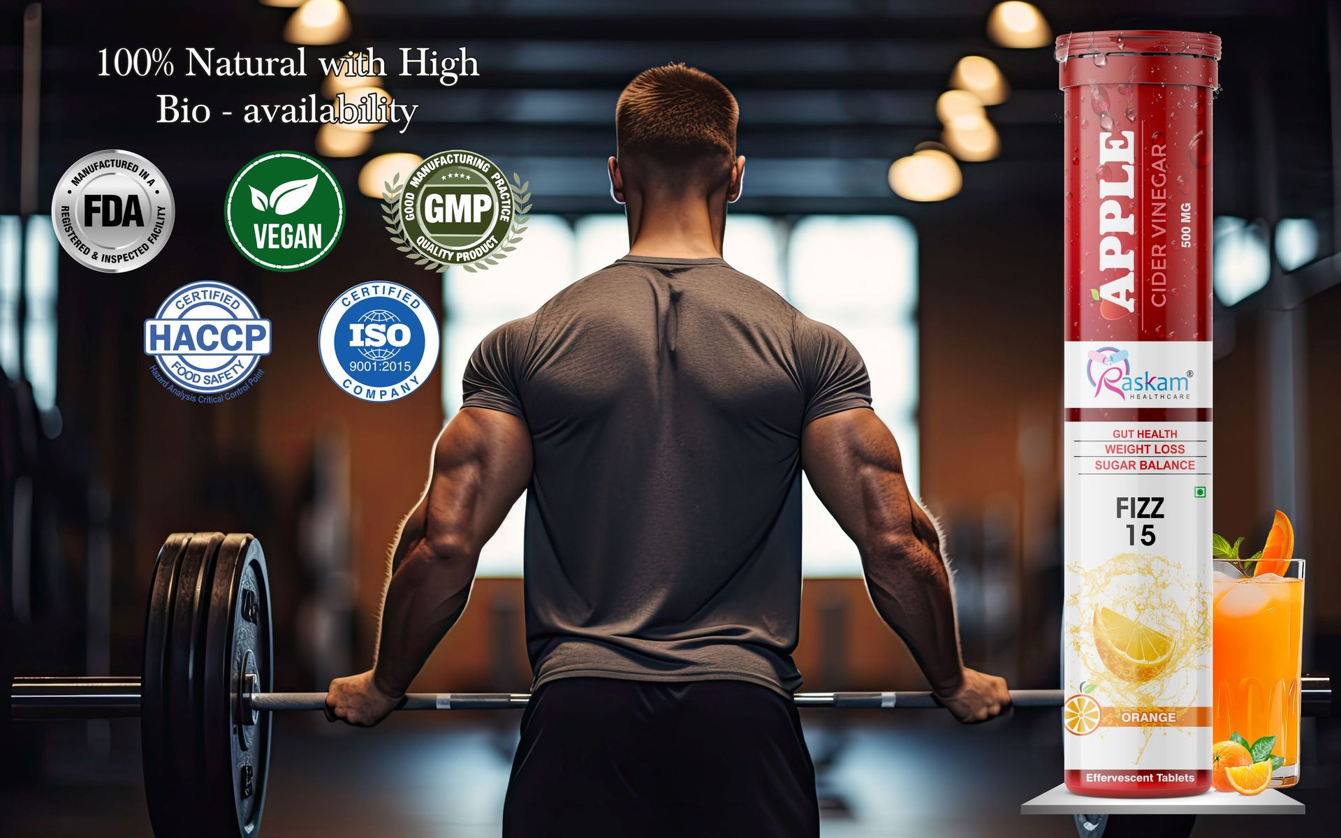ACV Apple Cider Vinegar Effervescent Fizz 15 Tablets - For Weight Loss | Refreshing Detox & Metabolism Boost, No added Sugar (Pack of 1), Orange Flavour
