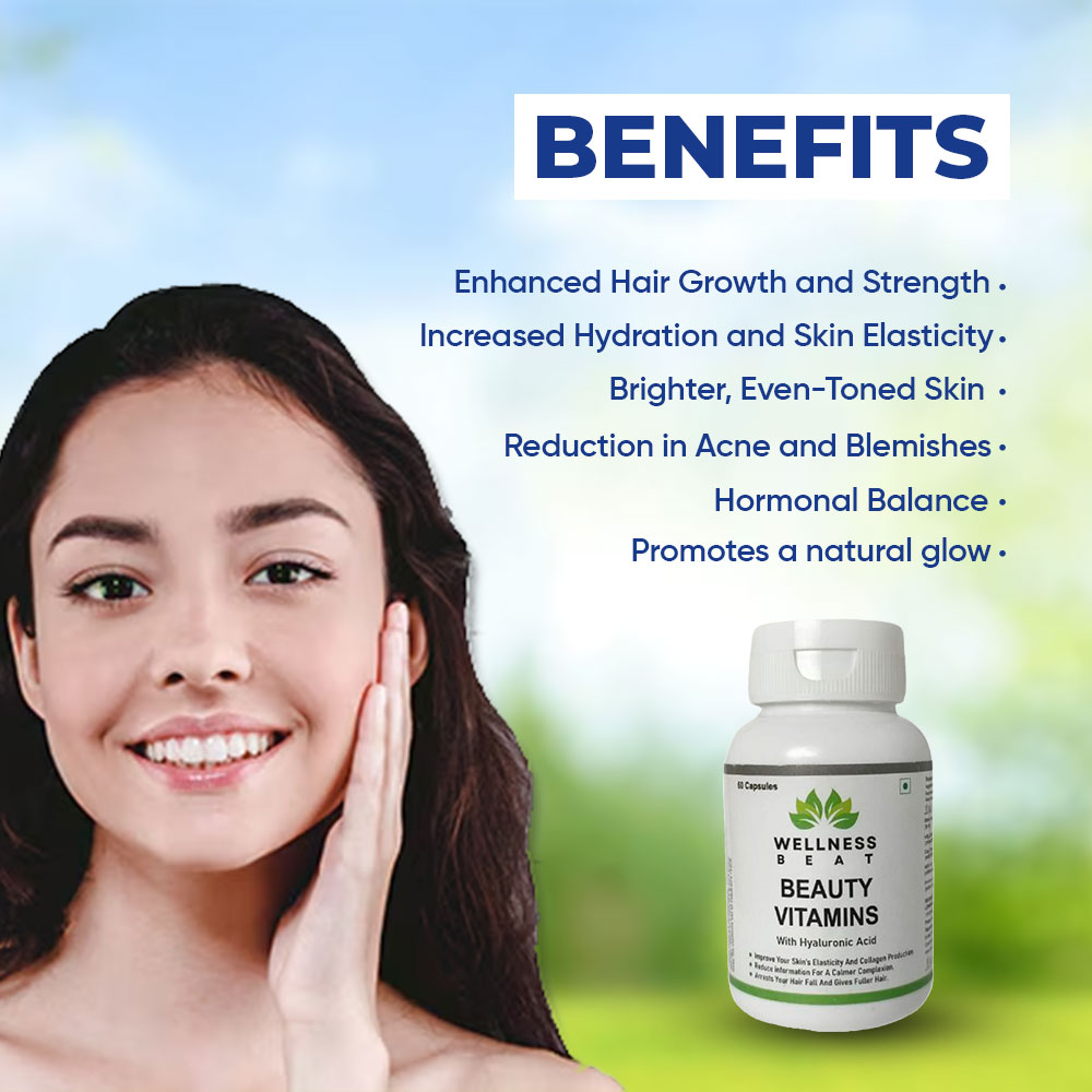 Wellness Beat Beauty Vitamins Capsules | Immunity Booster and Antioxidant | Dietary Supplement for Healthy Skin | Supplement for Glowing Skin and Stronger Hair (60 Capsules)