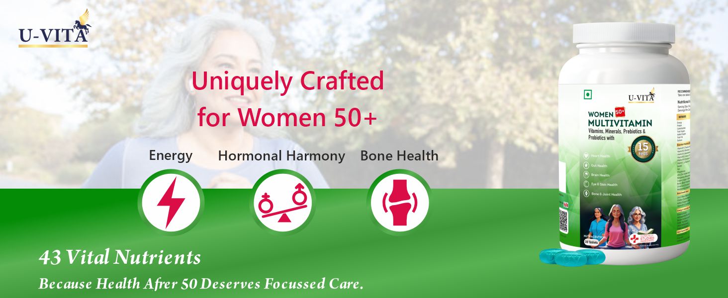 U-VITA Women 50+ Multivitamin | 43 Essential Vitamins, Minerals & Herbal extracts, Pre & Probiotics | Bacopa, Lion's Mane Mushroom Extracts| 30 Veg Tablets | Formulated in the UK