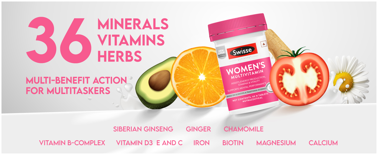 Swisse Women's Multivitamin - Manufactured In Australia, Imported Supplement From Australia's No.1 Multivitamin Brand - Boosts Energy, Stamina, Vitality & Mental Performance With 36 Herbs, Vitamins & Minerals (60 Tabs)
