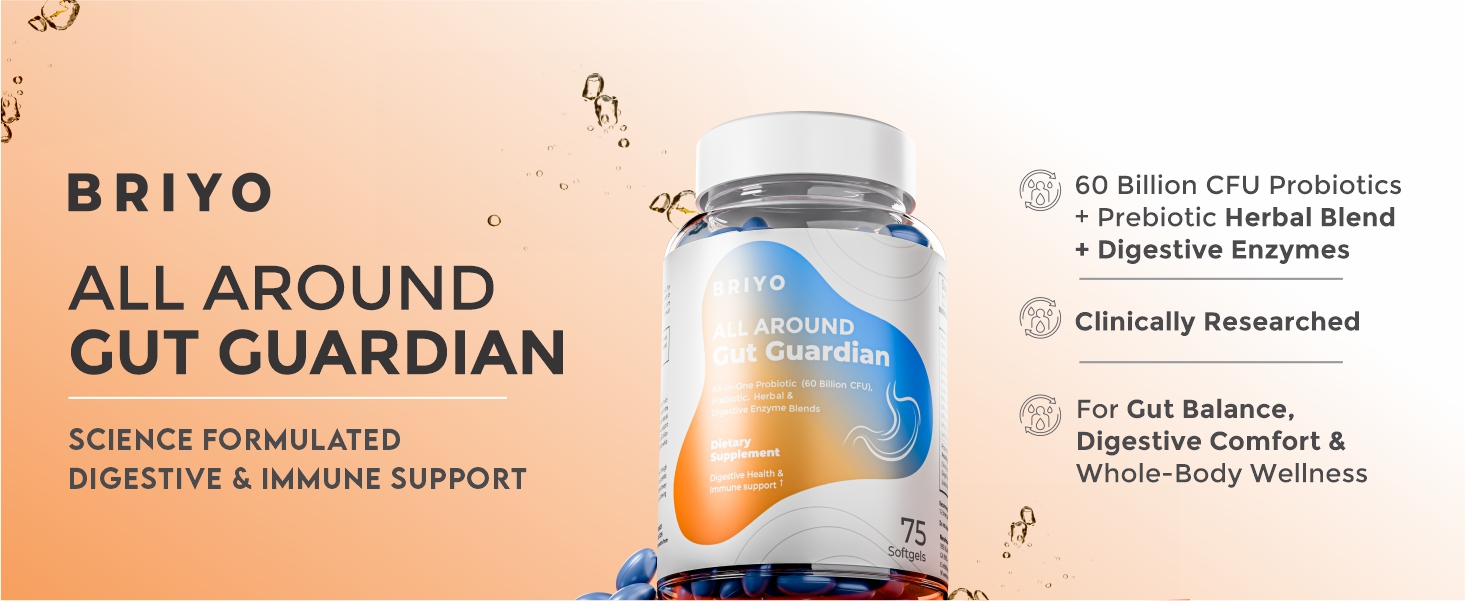 Briyo Gut Health Support – 60 Billion CFU Probiotics with Prebiotics, Digestive Enzymes & Herbs | Gut Guardian Formula to Boost Good Gut Bacteria, Support Digestion & Immunity, and Relieve Bloating & Gas