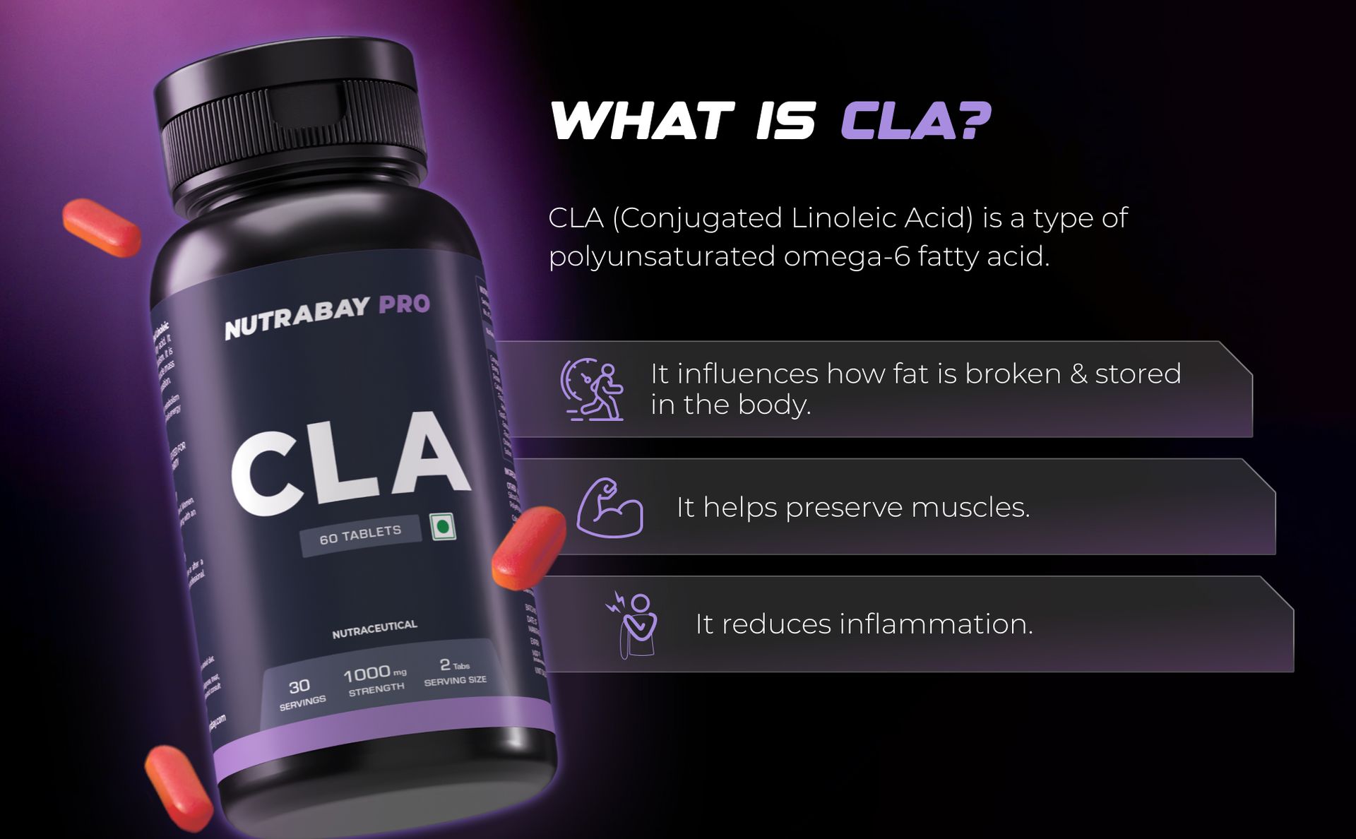 Nutrabay Pro CLA (Conjugated Linoleic Acid) | Fat Burner, Boosts Metabolism & Lean Muscle Build Supplement, 1000mg - 60 Veg Tablets