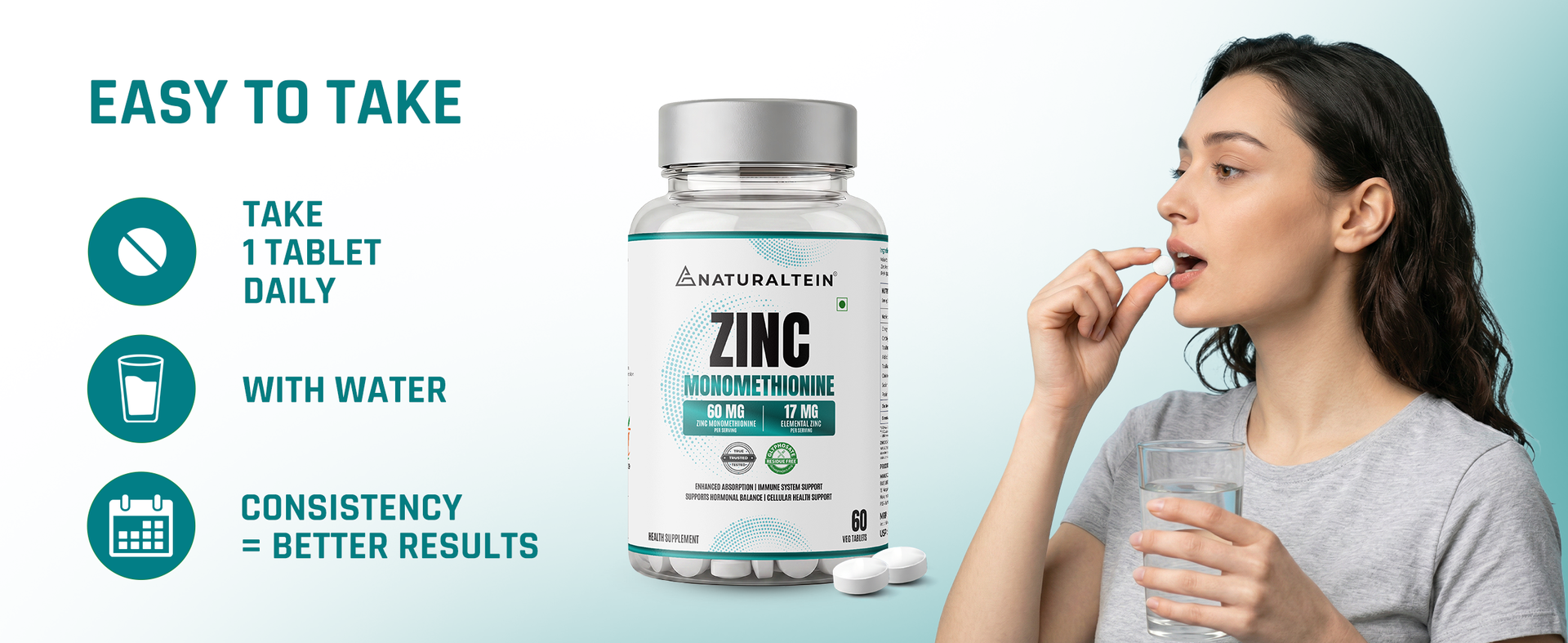 Naturaltein Zinc Monomethionine Tablets 60 mg | 17 mg Elemental Zinc per Tablet | Supports Immune Function, Healthy Skin & Antioxidant Protection | 60 Count