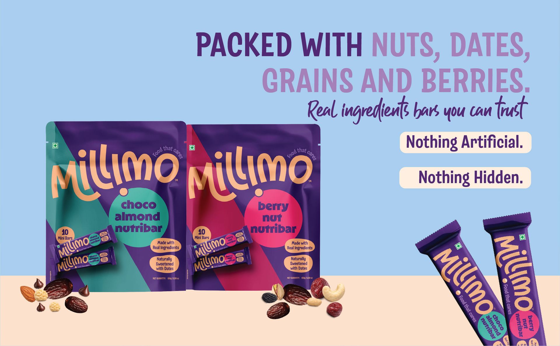 Millimo Kids Nutribar – Choco Almond, 150g | Natural Protein & Fibre from Real Ingredients | Dates, Almonds & Cashews | No Refined Sugar