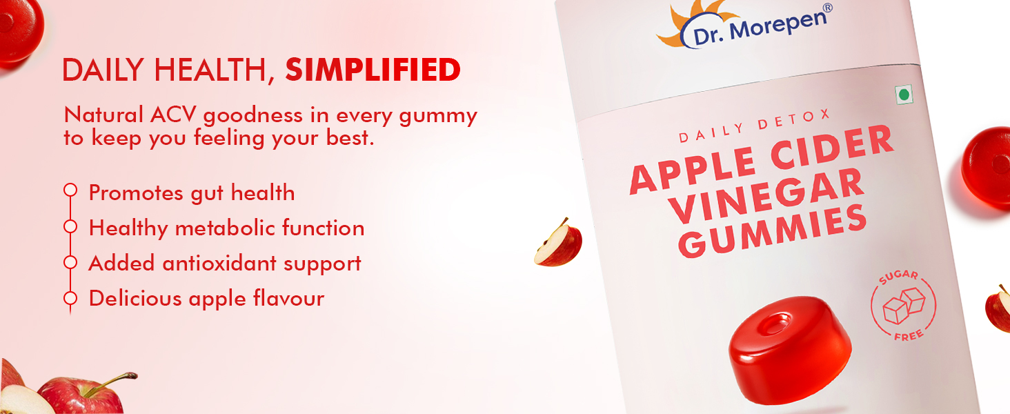 Dr. Morepen Apple Cider Vinegar Gummies with Pomegranate, Beetroot & Vitamin B12, Sugar-Free Daily Detox Supplement – Apple Flavour, 30 Gummies