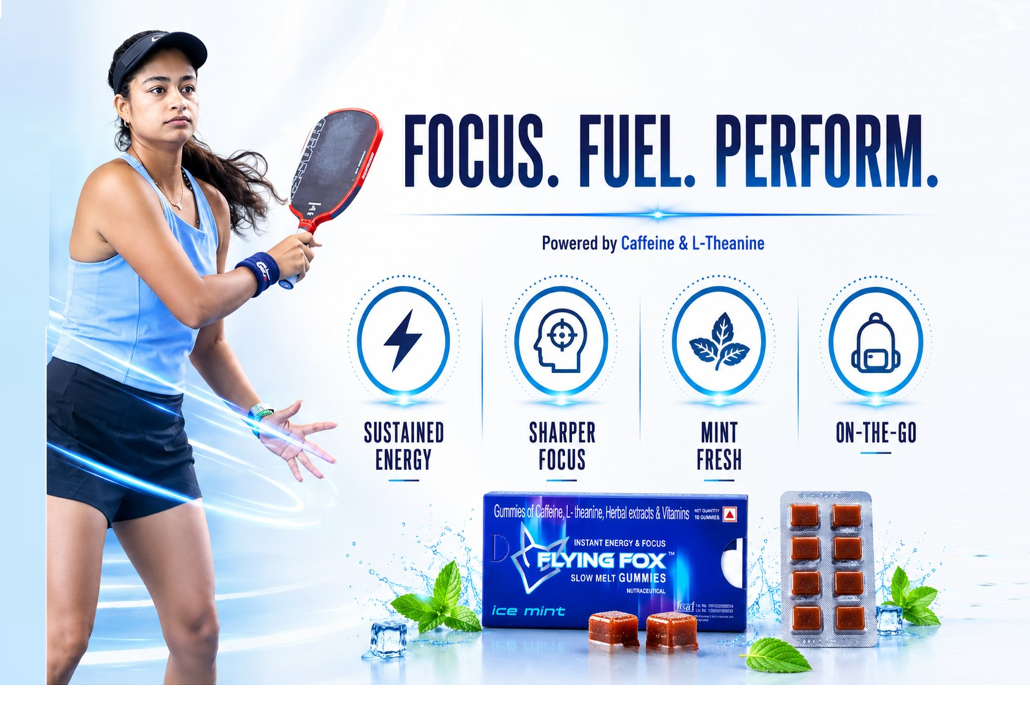Flying Fox Slow Melt Energy Gummies | Quick Energy Boost & Enhanced Focus | Natural Caffeine+ L-Theanine, Ashwagandha, Amaranth, Galangal Vitamin B3,B6, B12 | Sugar Free| Ice Mint | 10 Gummies