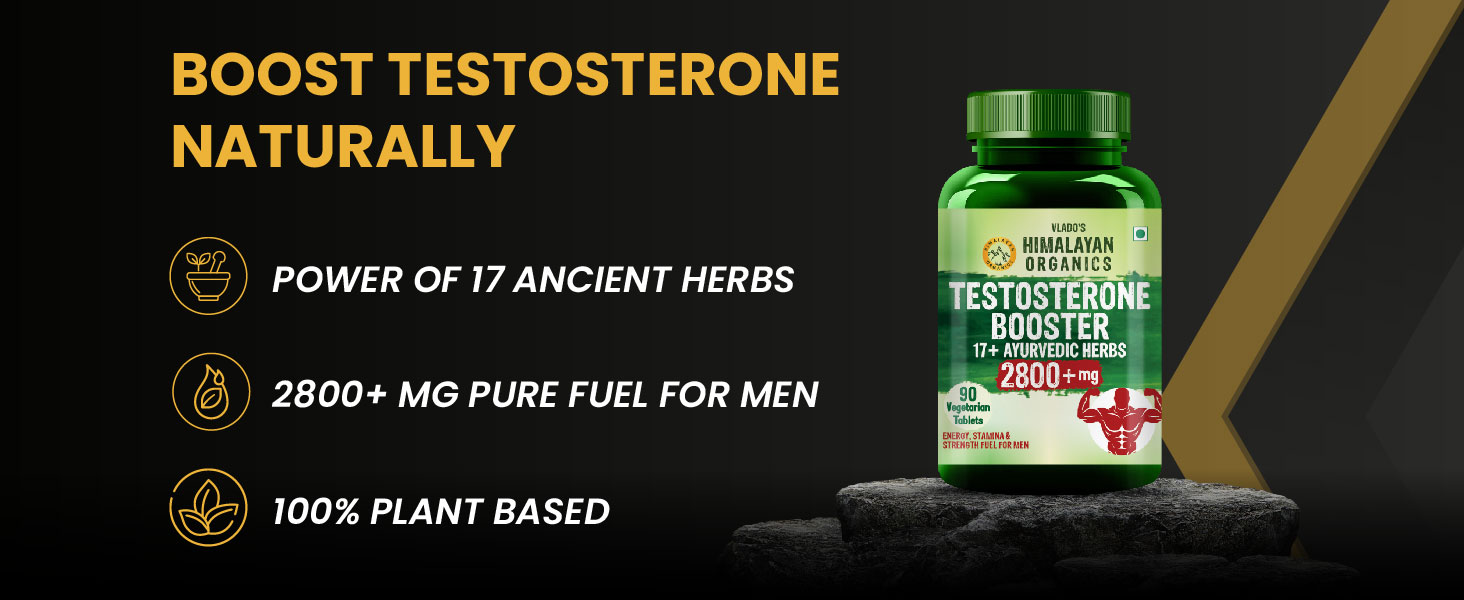 Vlado's Himalayan Organics Testosterone Booster Supplement for Men - 2800mg+ | With Ashwagandha, Shilajit, Kaunch Beej, Musli, Gokshura, Ginseng, Gold Bhasma & 17+ Ayurvedic Herbs | Boost Strength, Stamina, Energy & Muscle Growth | Pre & Post Workout Supplement - 90 Veg Tablets