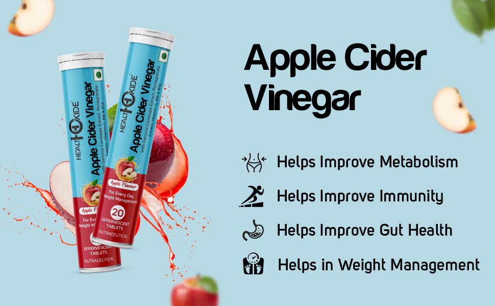 Healthoxide Apple Cider Vinegar Effervescent Tablets with Garcinia Cambogia, Pomegranate Extract, Vitamin B6 & B12 | Sugar Free ACV Fizzy Tablets for Weight Management, Metabolism & Gut Health | 100% Vegan Pack of 01
