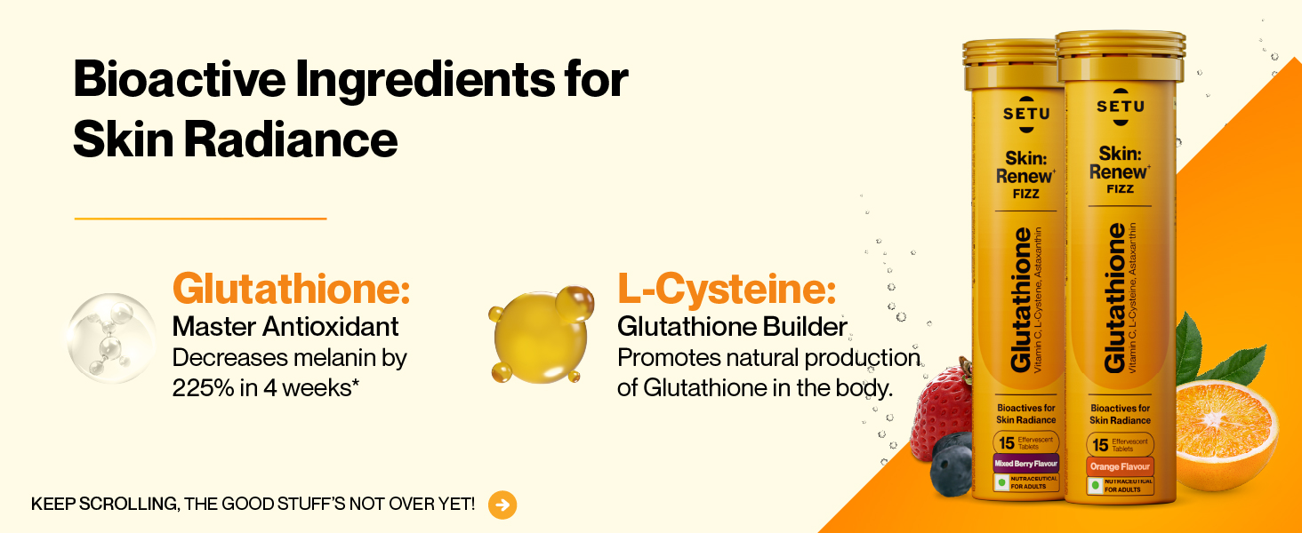 Setu Skin Renew Glutathione Tablets for Glowing Skin | 60 Effervescent Tablets with 500mg L-Glutathione & Vitamin C | Antioxidant, Skin Glow Supplement for Clear Skin | Mixed Berry & Orange, Pack of 4