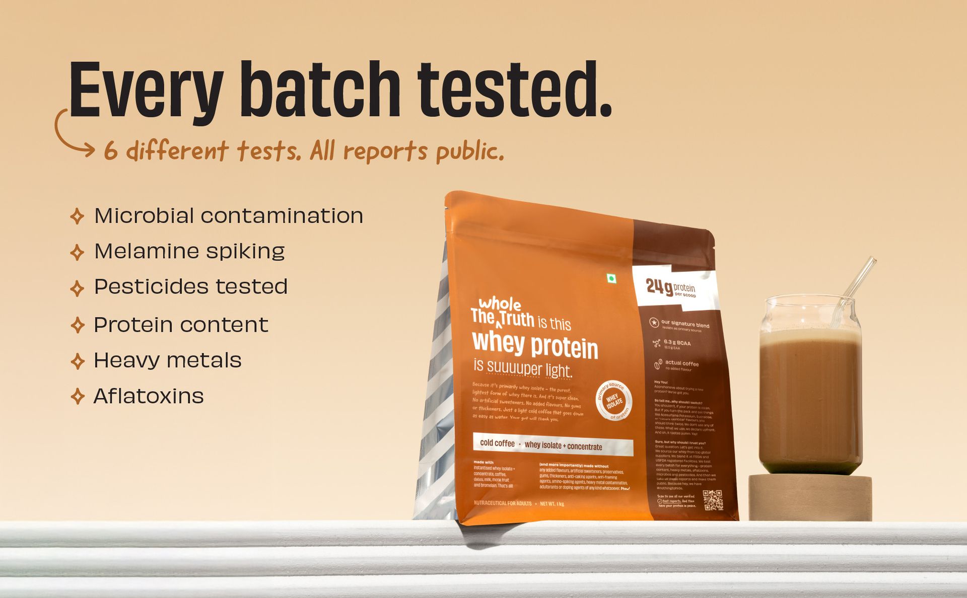 The Whole Truth Whey Protein Isolate+Concentrate | Cold Coffee 1 kg (2.2 lbs) | 24g Protein per scoop | 6.4g BCAA | No Adulteration | Clean, Light & Easy to Digest | Vegetarian