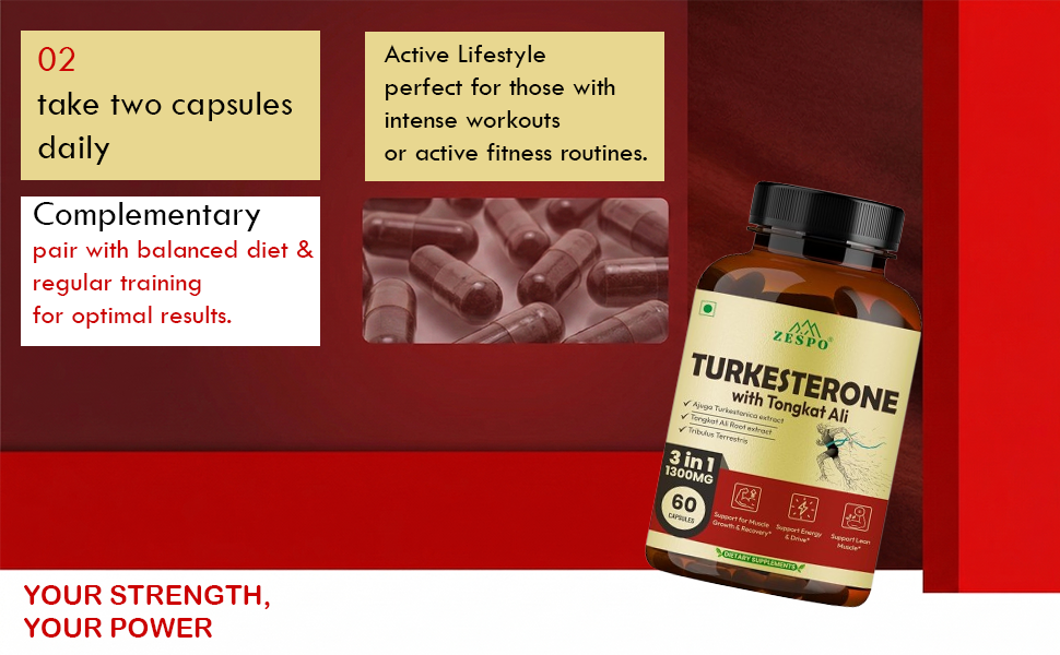 Zespo Turkesterone 1300mg Supplement for Men with Tongkat Ali, 60 Caps