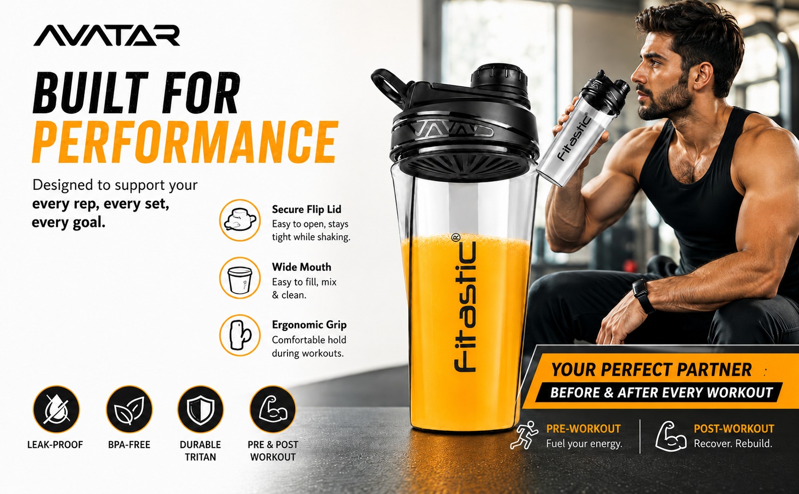 Avatar Leak-Proof, BPA-Free for Pre & Post-Workout 700 ml Tritan Shaker (Pack of 1, Light Green)