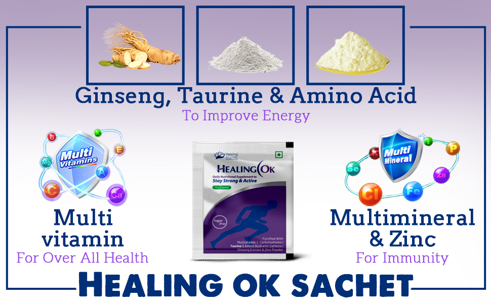 Healing Pharma - Healing OK Taurine, Ginseng, Zinc, Caffeine & L-Carnitine Powder Sachets, Sugar Free | For Strong Immunity & Overall Health | 5g x Pack of 10