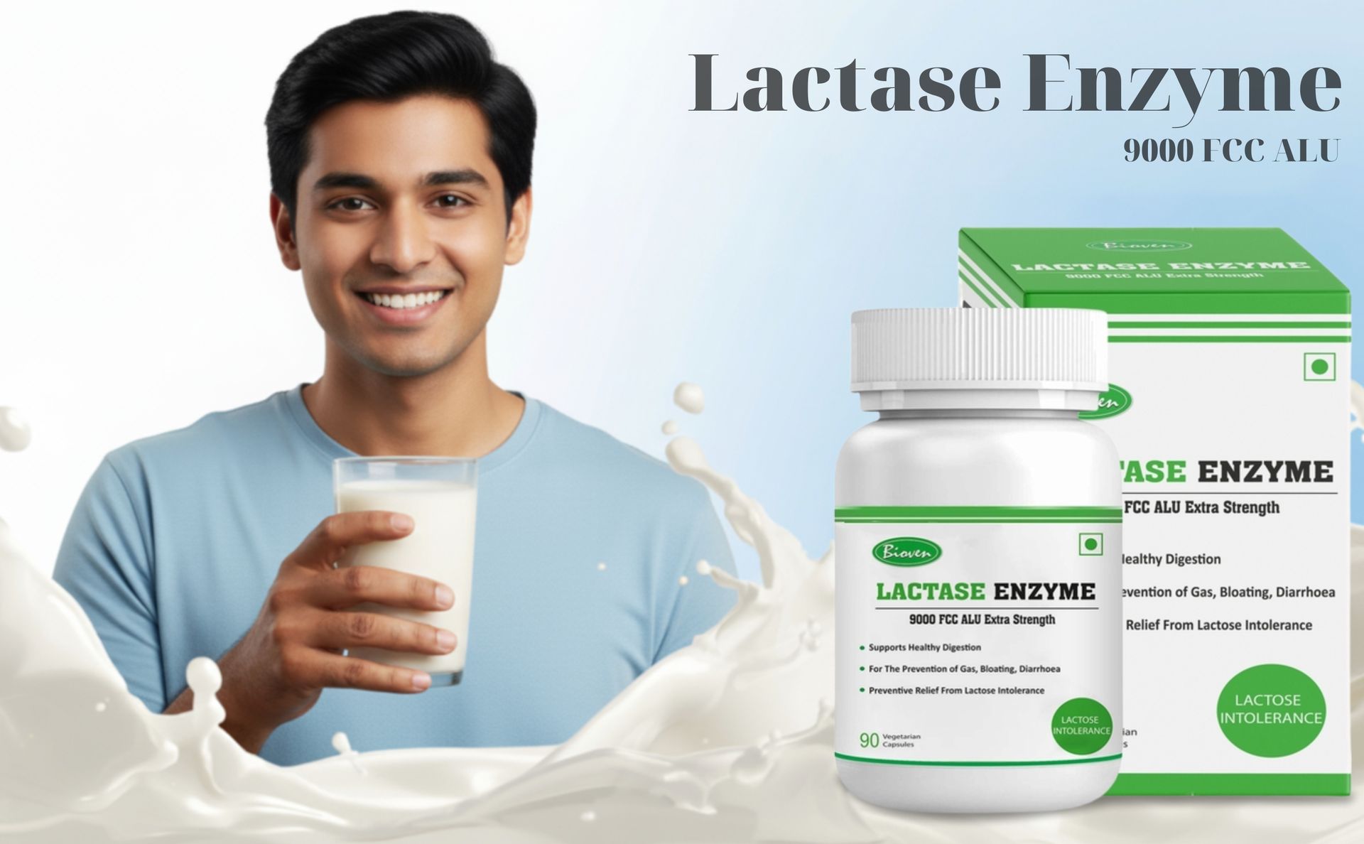 Lactase Enzyme 90 Vegetarian Capsules | 9000 FCC ALU | Extra Strength | Supports Lactose Digestion | Improves Daily Tolerance | Helps in Gas, Bloating, Diarrhoea | 90 Vegetarian Capsules