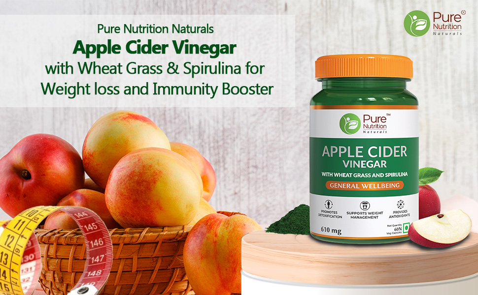 Pure Nutrition Apple Cider Vinegar with Wheat Grass & Spirulina for Enhanced Wellness | Rich in Antioxidants | Supports Weight Management, Detoxification & Immunity - 60 Veg Capsules (Pack of 2)