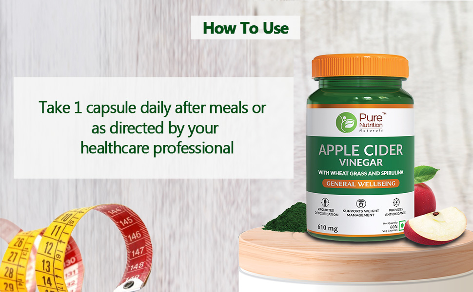 Pure Nutrition Apple Cider Vinegar with Wheat Grass & Spirulina for Enhanced Wellness | Rich in Antioxidants | Supports Weight Management, Detoxification & Immunity - 60 Veg Capsules (Pack of 2)