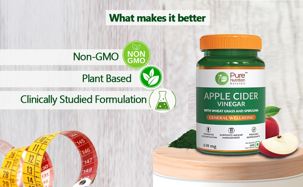 Pure Nutrition Apple Cider Vinegar with Wheat Grass & Spirulina for Enhanced Wellness | Rich in Antioxidants | Supports Weight Management, Detoxification & Immunity - 60 Veg Capsules (Pack of 2)