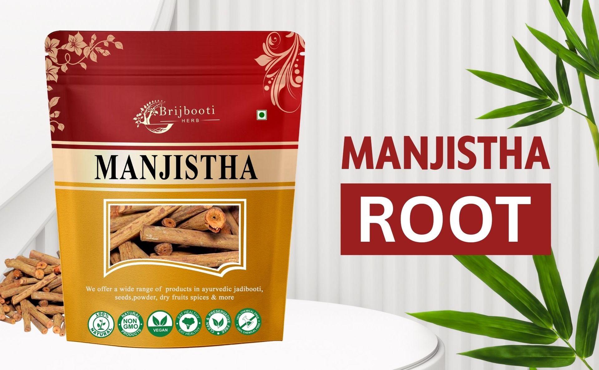 Brijbooti Manjistha Root - 50g | Manjistha Root Sticks | for Eating | Majith, Indian Madder, Manjishtha, Manjishta, Manjishta, Manjista | FSSAI, GMP, ISO Certified