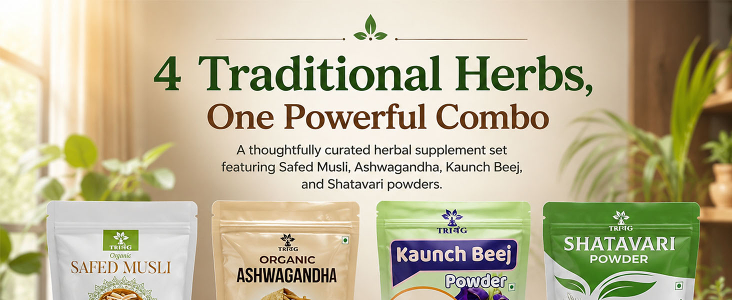 Safed Musli, Ashwagandha, Kaunch, Shatavari Powder Combo - Herbal Supplement - 4 Items (100gm(eachPack))