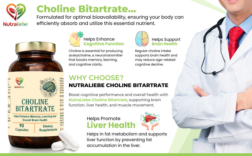 Choline Bitartrate 550mg – 90 Capsules | Dietary Supplement for Daily Use | Non-GMO & Gluten-Free