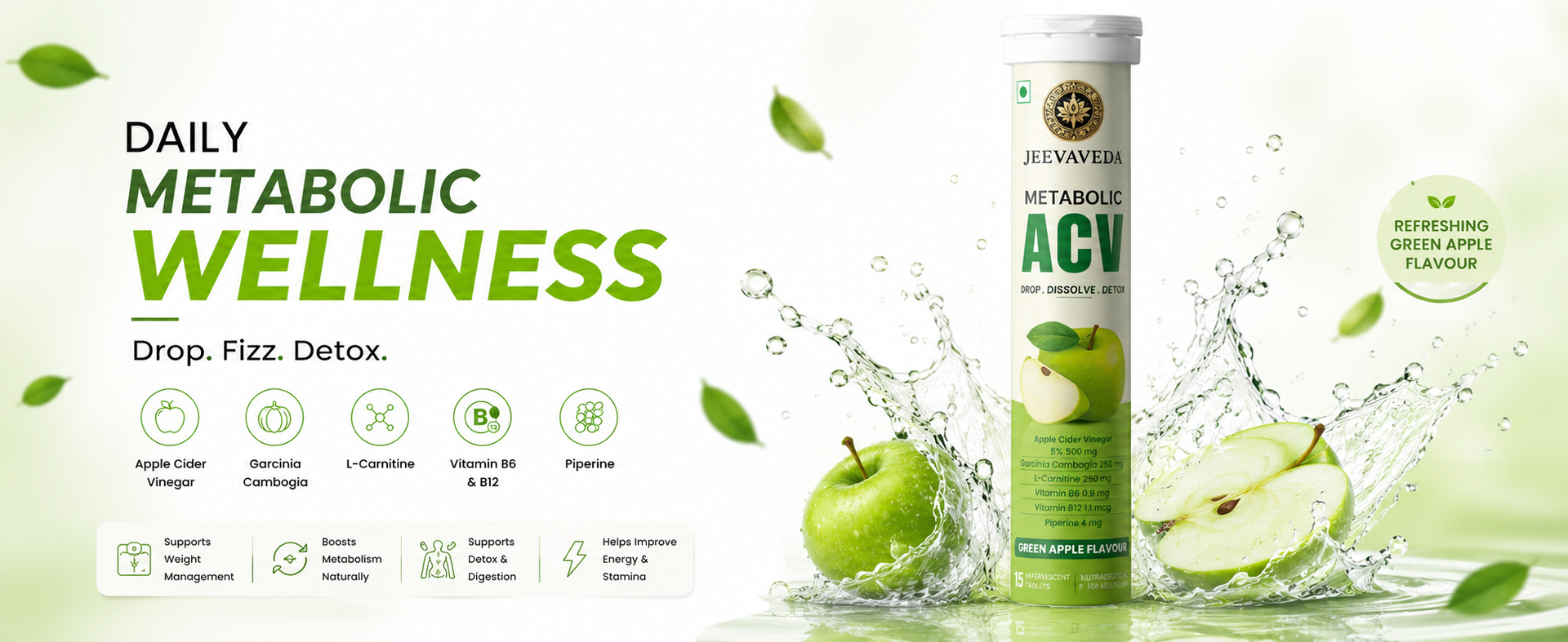 Apple Cider Vinegar (ACV) Effervescent Tablets for Weight Loss | 4-in-1 Formula with Garcinia, L-Carnitine, Vitamin B12 & Piperine | Sugar Free, Green Apple Flavour | 60 Effervescent Tablets (1 Month Pack)