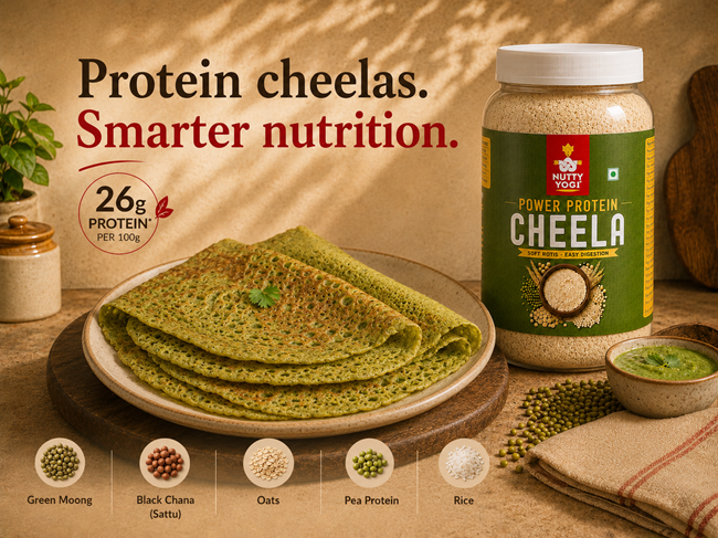 Nutty Yogi Power Protein Cheela - 1.2kg | 26g Protein Per 100g | Ready in Under 10 Minutes | Naturally Gluten-Free | No Added Sugar & Preservatives | Made With Real Whole Grains
