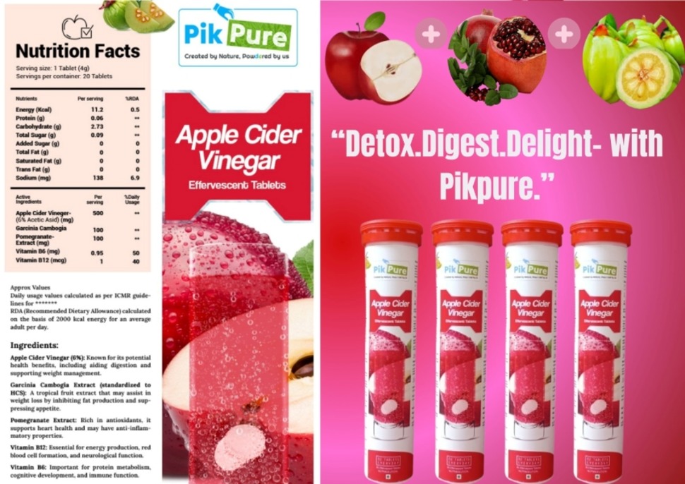 Pikpure Apple cider Vinegar with Mother Effervescent Tablet | Supports Metabolism & Appetite Control | No Added Sugar| Natural Energy Booster Naturally Fermented