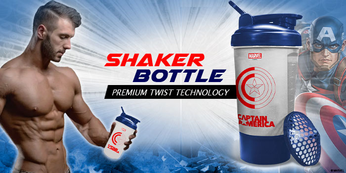 PowerMax Fitness Captain America Marvel Edition Shaker Bottle 600Ml, 100% Leakproof Guarantee Sipper Bottle Ideal For Protein, Pre-Workout And Bcaas, Bpa Free Material, Plastic (Clear)