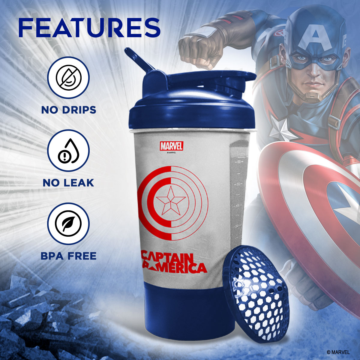 PowerMax Fitness Captain America Marvel Edition Shaker Bottle 600Ml, 100% Leakproof Guarantee Sipper Bottle Ideal For Protein, Pre-Workout And Bcaas, Bpa Free Material, Plastic (Clear)
