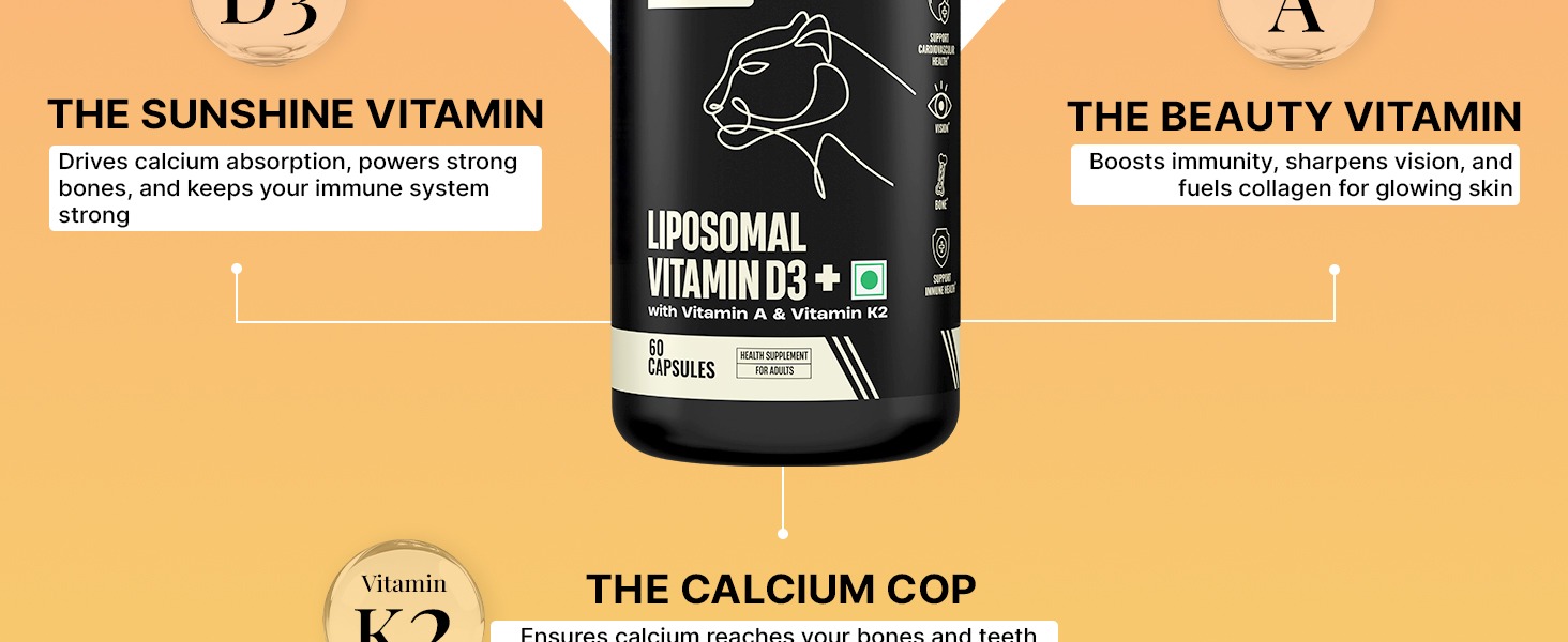 BeastLife Liposomal Vitamin D3 Plus with Vitamin A & Vitamin K2 | for Immune Support, Bone Health & Absorption | Skin Support | Calcium Utilization & Arterial Health |Max Bioavailability | 60 Capsules