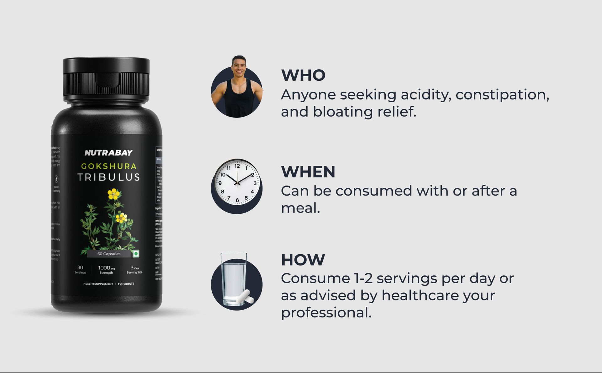 Nutrabay Wellness Tribulus Terrestries (Gokshura) - Natural Support for Energy, Performance & Stamina & Muscle Growth - 1000mg, 60 Veg Capsules
